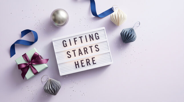 Black friday gifting starts here with presents ribbons and festive decorations on a light purple background