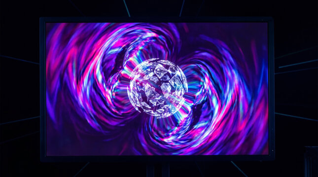 Sphere fragmentation inside tunnel vortex energy field featuring spectral light refraction wave distortion scientific physics experiment visualization loop research concept digital anomaly motion