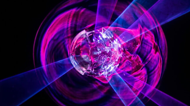 Shockwave explosion shatter liquid diamond sphere refraction light beam optic physics spectrum experiment science ripple energy turbulence wave flow dispersion chromatic pattern laser technology
