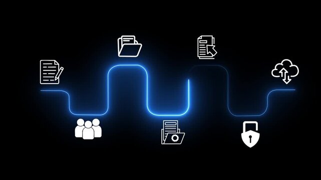 Futuristic glowing neon blue process flow line chart with business icon nodes loop on dark background