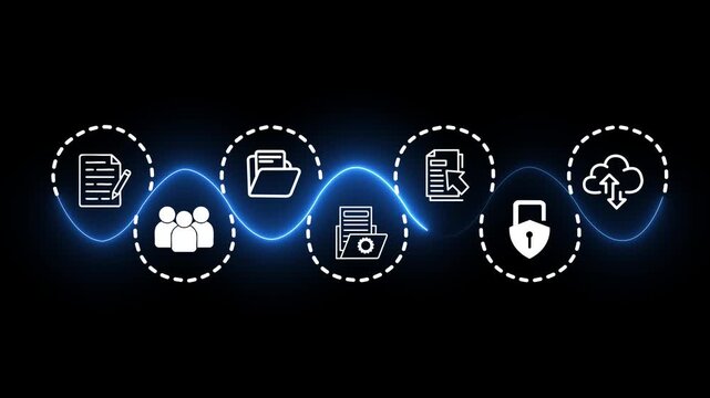 Futuristic glowing neon blue wave process timeline with white icon nodes loop on dark background