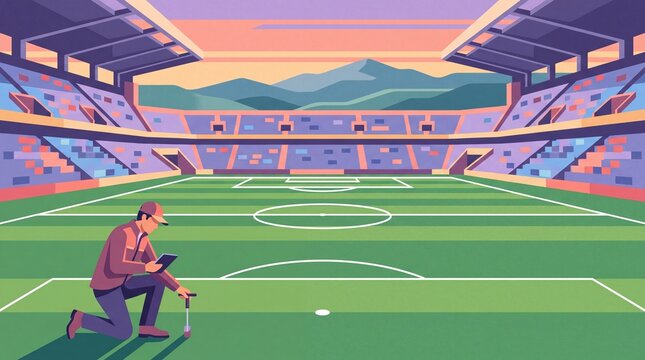 Technician Inspecting Stadium Grass Pitch Professional Flat Vector Illustration.