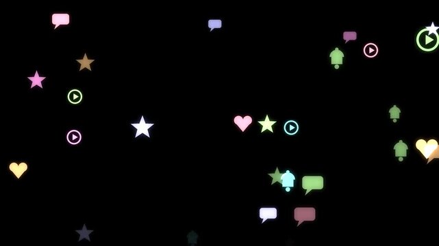 Colorful glowing social media reaction icons floating upward against a dark background