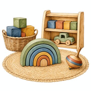 Round Woven Rug with Wooden Stacking Rainbow and Spinning Top