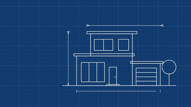 Animated architectural blueprint draft of modern exterior floorplan with dimensions on blue grid