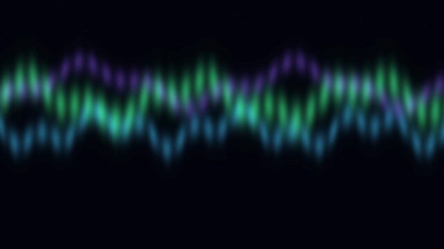 Glowing colorful sound wave equalizer pulsing rhythmically against dark cosmic background during night