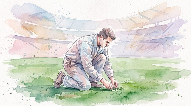 Watercolor Painting of a Professional Technician Kneeling on a Lush Green Pitch