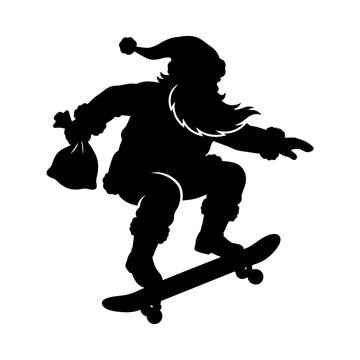 Black vector silhouette of sneaky robbers on skateboards, cartoon criminal gang stealing money from a sack, playful heist illustration for crime humor
