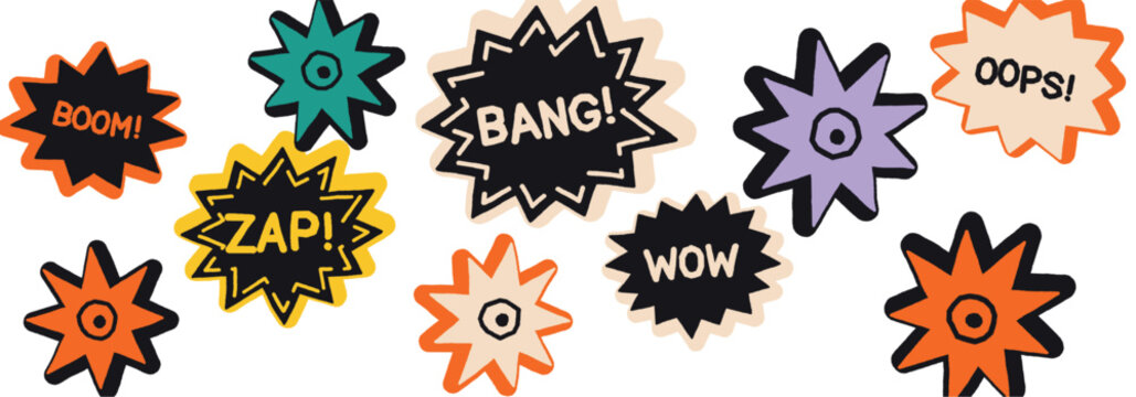 Retro comic book speech bubbles set, pop art explosion stickers with boom bang wow zap oops text, colorful vintage comic sound effects vector