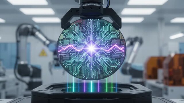 Robotic arm holds a glowing semiconductor wafer with intricate circuit patterns in laboratory, symbolizing advanced nanotechnology and precision manufacturing in modern electronics production.