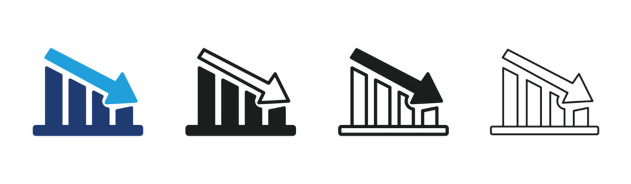 Four variations of a declining bar chart icon with a downwardpointing arrow, displayed in blue, solid black, and outlined styles editable stroke vector illustration