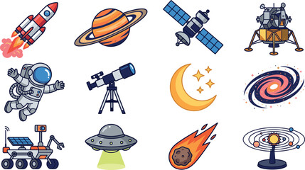 Outer Space Exploration and Astronomy Icons Vector Set Rocket Launch Saturn Ring Planet Orbital Satellite Apollo Lunar Lander Spacewalk Astronaut Optical Telescope Crescent Moon © monira