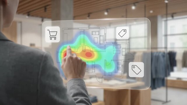 Person interacts with a transparent touchscreen displaying a retail analytics heatmap, tags and cart icons overlay a store floorplan for customer behavior tracking and smart shopping technology.