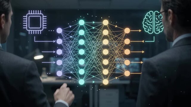 Artificial intelligence and neural network link human cognition with digital processing, symbolizing innovation, machine learning, data analysis and future technology in corporate strategy.