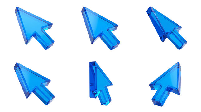 Blue glass cursor arrows isolated on transparent background for web
