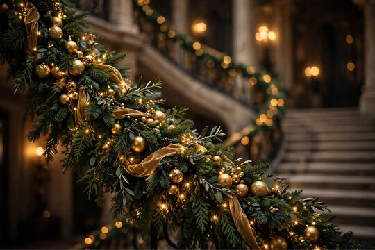 Golden Christmas garland with warm fairy lights on staircase railing, blurred luxurious interior with chandelier glow, festive holiday background