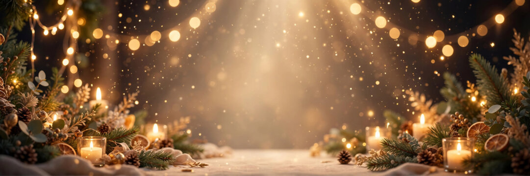 Warm golden Christmas fairy lights glowing on dark evergreen branches with radiant sunbeams, abstract festive holiday background