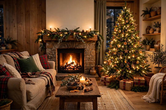 Cozy Christmas living room with lit fireplace, decorated Christmas tree, gifts and sofa, warm festive holiday home interior