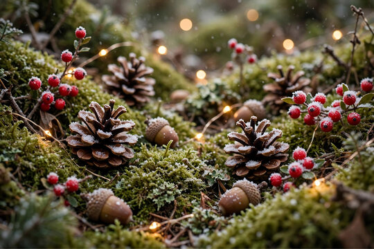 Macro of pinecones with red berries and moss on forest floor, tiny glowing lights, shallow depth of field, winter nature background