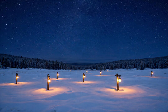 Snowy night path lit by glowing lanterns under deep blue starry sky, serene winter landscape, peaceful Christmas evening scene