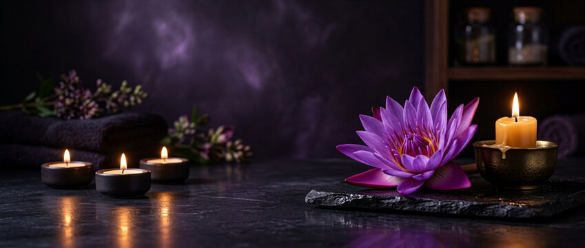 Serene Spa Scene: Purple Lotus Flower, Candles, and Towels
