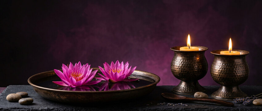 Zen Serenity: Pink Lotus Flowers, Candles, and Stones for Spa and Meditation