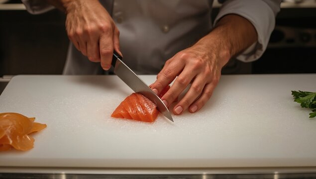 A sushi chef slices sashimi precisely on a clean Japanese counter under professional lighting.