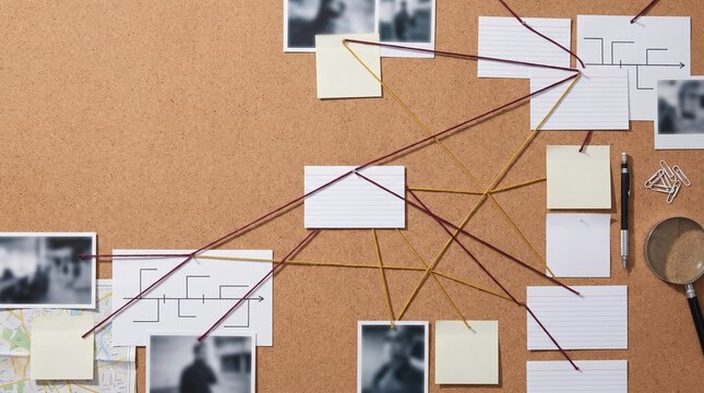 Brainstorming map with photos sketches notes and string connections