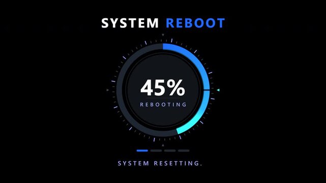 Futuristic circular system reboot animation with percentage counter, glowing blue progress ring and minimalist HUD interface on transparent background. 4K