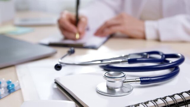Stethoscope lying on a notepad in the foreground while a doctor writes a prescription in the clinic. Healthcare, medical diagnosis, and physician consultation concept.