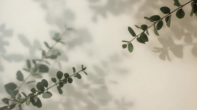 Minimalist abstract background with tropical plant leaves and aesthetic shadows on a warm wall