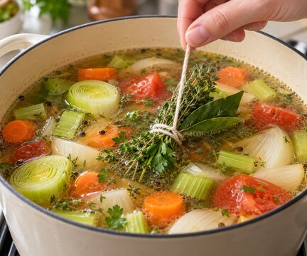 Mano a&ntilde;ade un atado de hierbas a una olla con verduras para preparar caldo