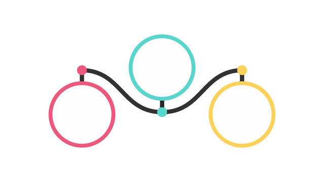 Three step process flow chart infographic featuring interconnected circular nodes for business presentation slides or website project