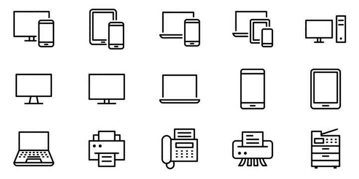 Computer and Electronic Device Line Icons Set. Laptop, Smartphone, Tablet, Printer, Keyboard, Monitor and Office Technology Vector Illustration Collection.