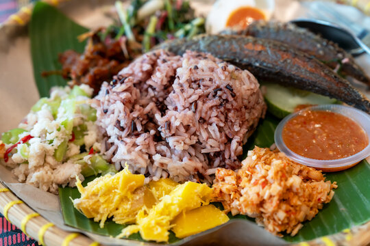 Nasi linopot brown rice, fried mackerel, hinava, bambangan, tuhau and stir fried wild onion Sabah Kadazan Dusun Food