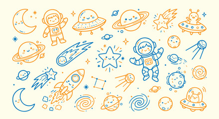 Cute hand drawn space doodle set with planets and astronauts © Meizan 