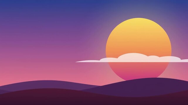 A large glowing orange sun slowly sets behind a soft cloud over a dark horizon, with a deep purple gradient sky in a minimal flat vector animation.
