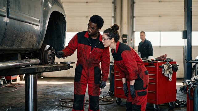 Apprentice truck trainees get ready for brake checks