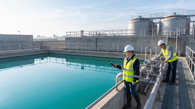 Utility workers check an open basin at a water treatment facility