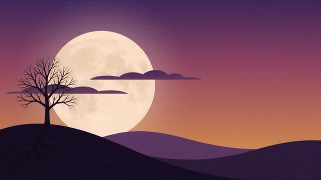 A large full moon glows behind a bare tree silhouette on a dark hill, with soft clouds drifting across a purple twilight sky in flat vector style.