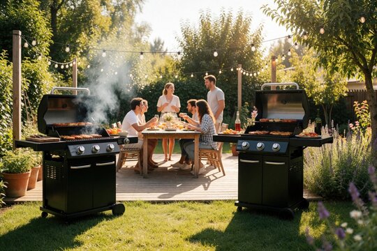 Family, friends enjoy backyard bbq party on wooden deck. People eat dinner at garden table near black gas grills. Group of friends socialize, cook meat, drink outdoors during summer evening. Happy