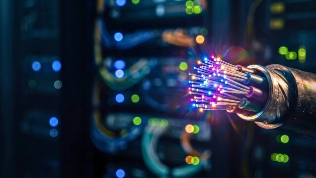Fiber optic cable with glowing light strands in server room for high speed internet, data transmission and telecommunications infrastructure