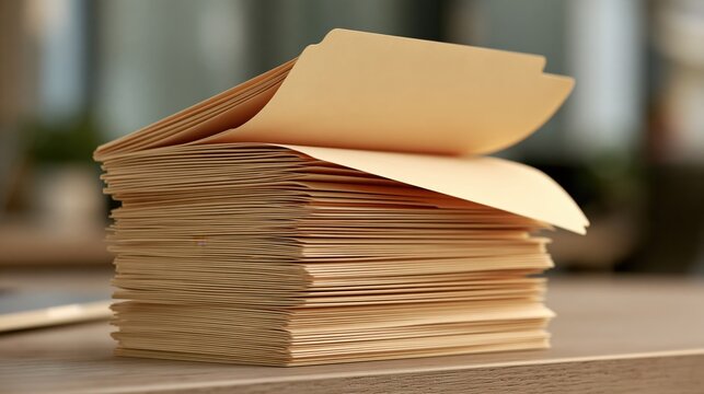 Tall neat stack of blank cream paper cards with the top sheet curling up on a wooden desk, administration and paperwork concept