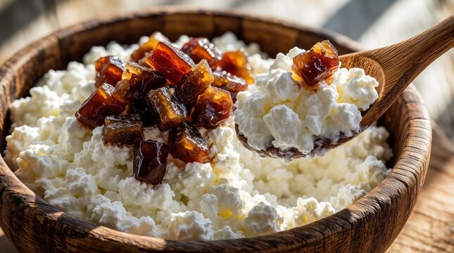 Close up of creamy cottage cheese in rustic wooden bowl. Sweet chopped dates top white curd in natural sunlight. Person holds wooden spoon with healthy breakfast snack. Organic dairy product with