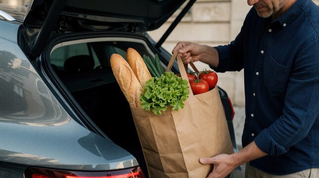 Adult male loads brown paper bag with fresh groceries into car trunk. Man carries, lettuce, tomatoes, vegetables after shopping. Person puts organic food in automobile for transport home from