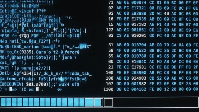 Cyber Security Data Loading Screen with Scrolling Computer Code and Progress Bar Animation. Blue Digital Hacking Interface for Software Installation and System Processing.