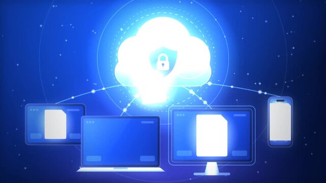 Glowing digital cloud computing network securely transferring and syncing files between multiple electronic devices like computers and smartphones