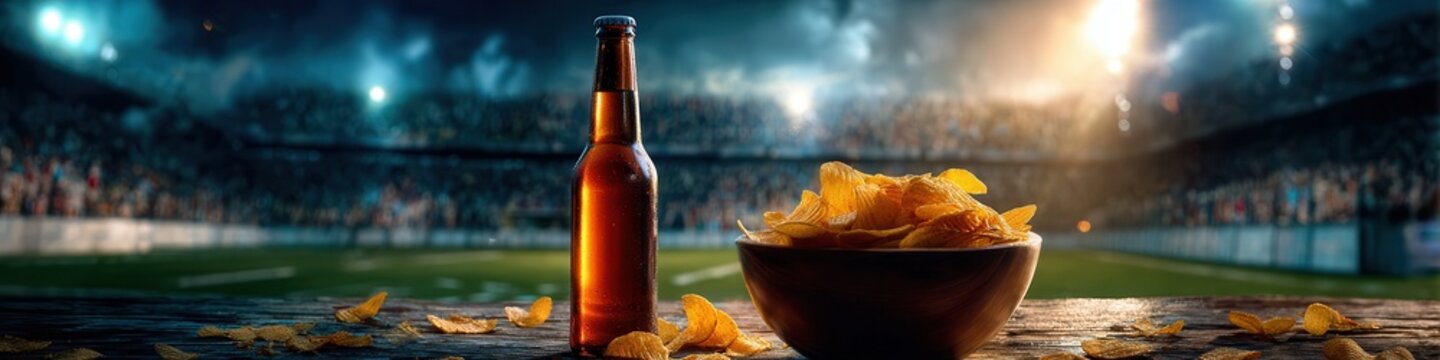 Chilled beer bottle beside bowl of potato chips on stadium concession counter under bright night floodlights with blurred crowd and warm amber reflections on glass