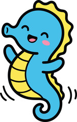 Blue seahorse character dancing with yellow belly, closed eyes and motion lines © abid04