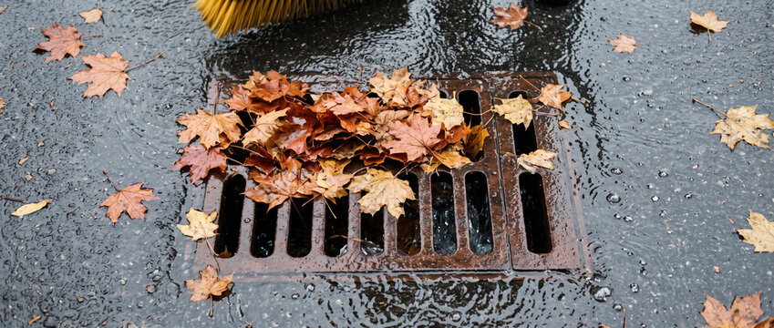 Top view of wet autumn leaves blocking a rusty storm drain grate on a rainy city street